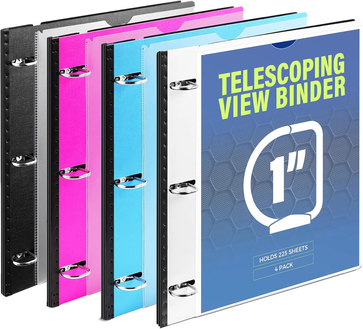 WOT I 1 Inch Telescoping 3 Ring Binder 4 Pack, Expandable Flexible Binder with Customizable Front Cover & Clear Catalog Pocket, Holds 225 Sheets, School Office Supplies, White