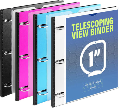 WOT I 1 Inch Telescoping 3 Ring Binder 4 Pack, Expandable Flexible Binder with Customizable Front Cover & Clear Catalog Pocket, Holds 225 Sheets, School Office Supplies, White