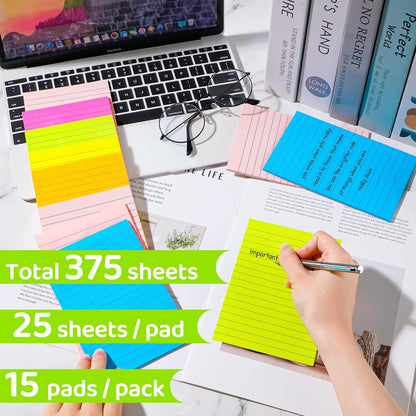 (12 Pads) Lined Sticky Notes 4x4 in Post, 6 Bright Colors with Lines Self-Stick Note Pads it, Strong Adhesive, 46 Sheets/Pad, 552 Sheets in Total