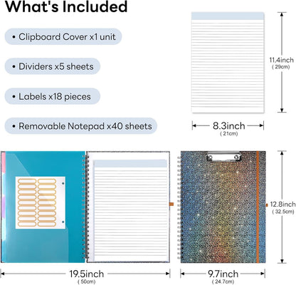 Glitter Clipboard Notebook with Storage for Letter Size, 8.5 x 11 Notepad Holder with 5 Folders and Dividers, Size 12.8X 9.7 in, Spiral Portfolio for Nursing Teacher School Supplies,.Teal