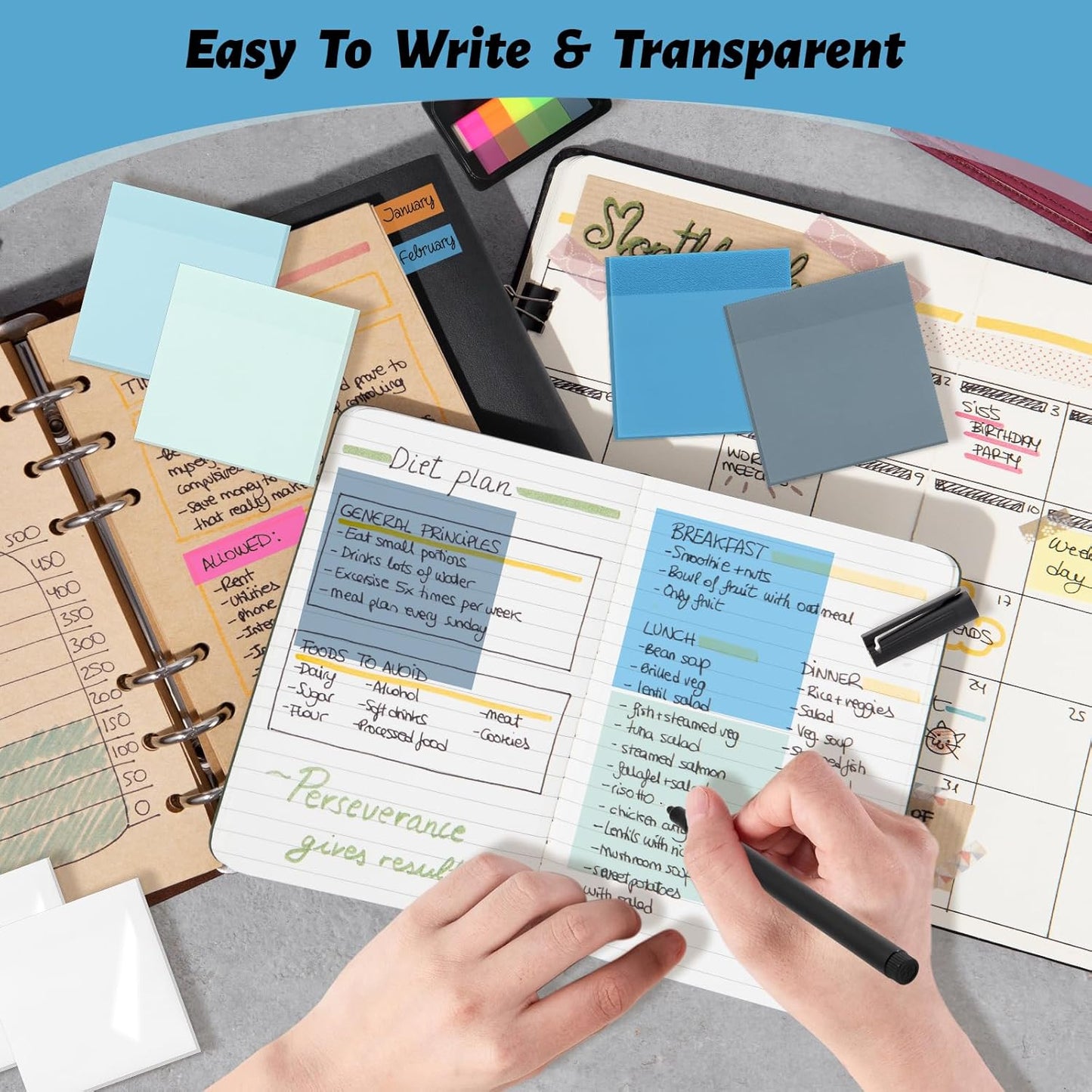 800 Sheets Transparent Sticky Notes, 3x3 Inch 14 Pads Self-Adhesive Translucent Clear See Through Post Sticky Notes for Planner Office School College Teacher Student Supplies 6 Bright Color
