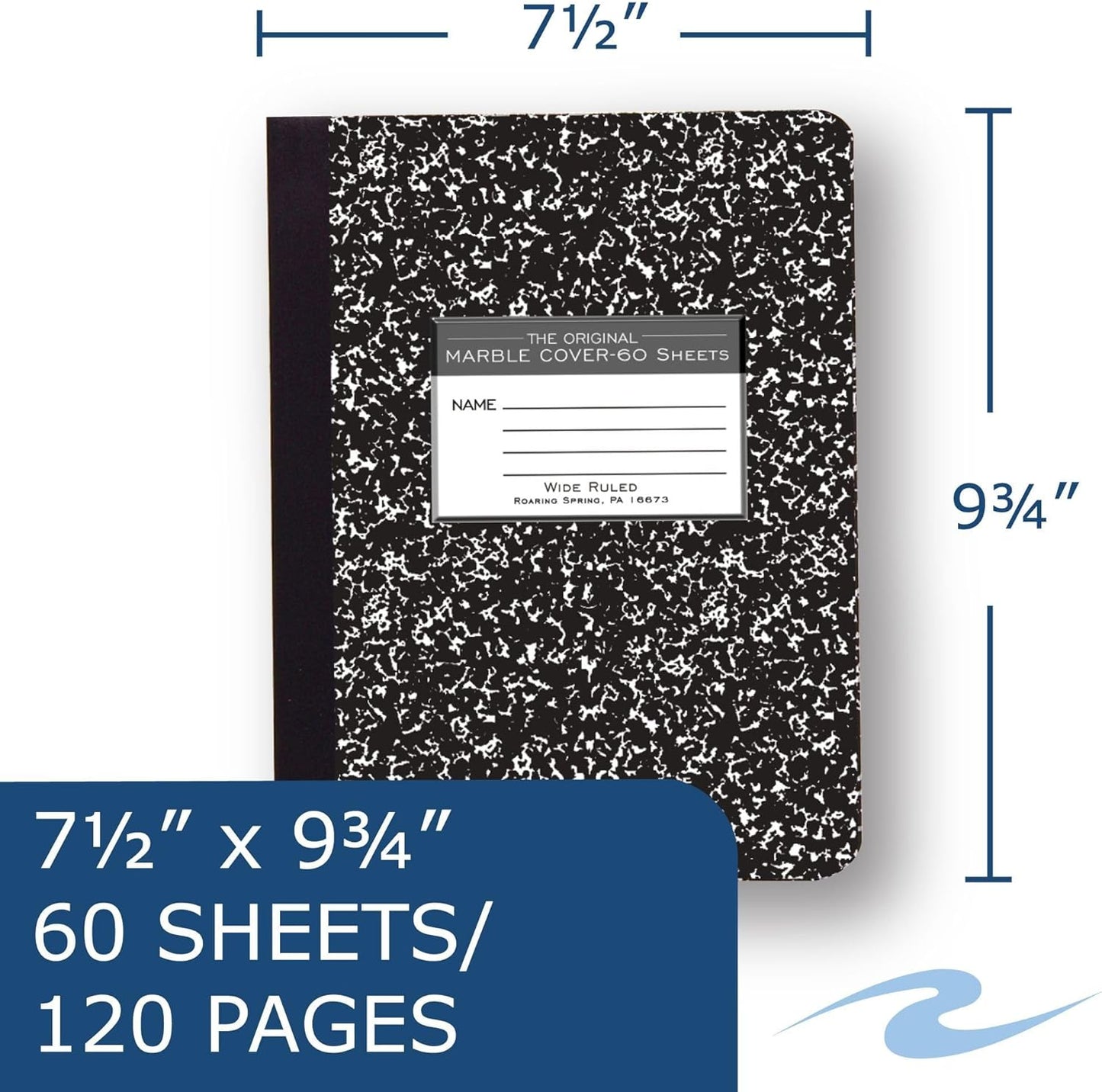 ROARING SPRING Hard Cover Composition Notebook, Black Marble Comp Book, 9.75″ x 7.5″, College-Ruled with Margin, 100 Sheets (200 Pages), Made in USA