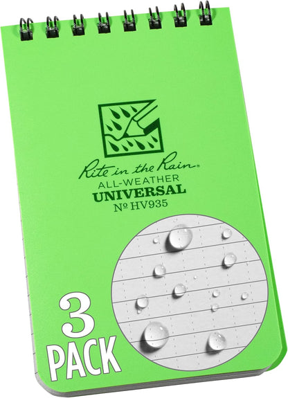 Rite in the Rain Weatherproof Top Spiral Notebook, 3" x 5", Black Cover, Universal Pattern, 3 Pack (No. 735-3X)