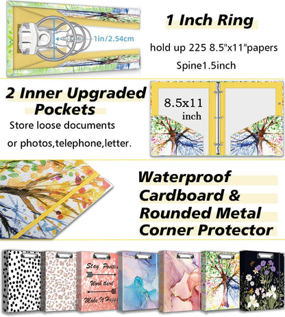3 Ring Binder 1 Inch, Three Ring Binders Organizer with Clipboard, 5-Tabs Pockets Dividers, Plastic Folder, 18 Divider Stikers, BVSSX Pretty Binder with Pen Loop (Black Weeds, Letter Size)