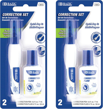 BAZIC PRODUCTS Correction Fluid, Soft Bristle Brush & Precise Metal Tip Applicator, Fine Point Corrections Pen White Out Wipe Out Liquid (2/Pack), 2-Packs