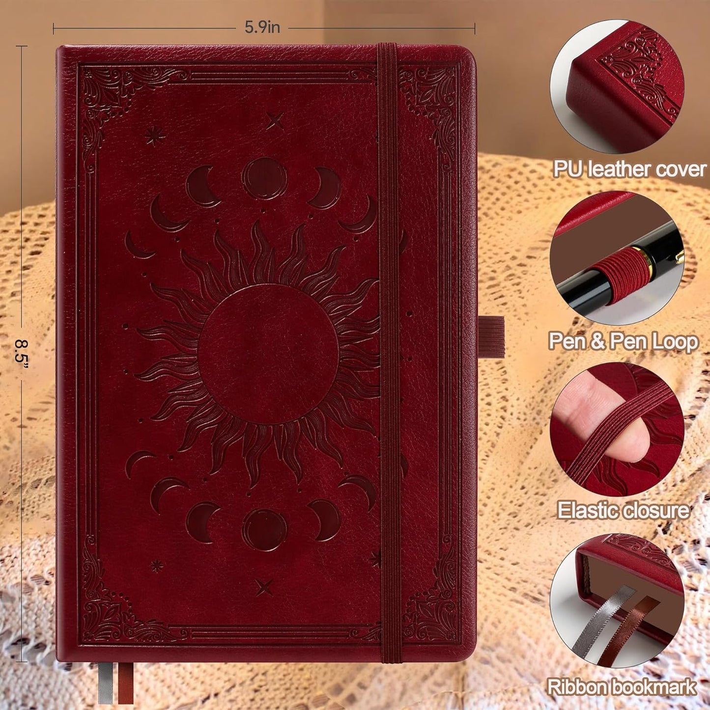 Journal Notebook for Women/Men, Daily for Classic Lined Writing,360 Pages Leather Hardcover with Vintage Sun & Moon Design, SeaGreen, A5 (14.5 x 21 cm)