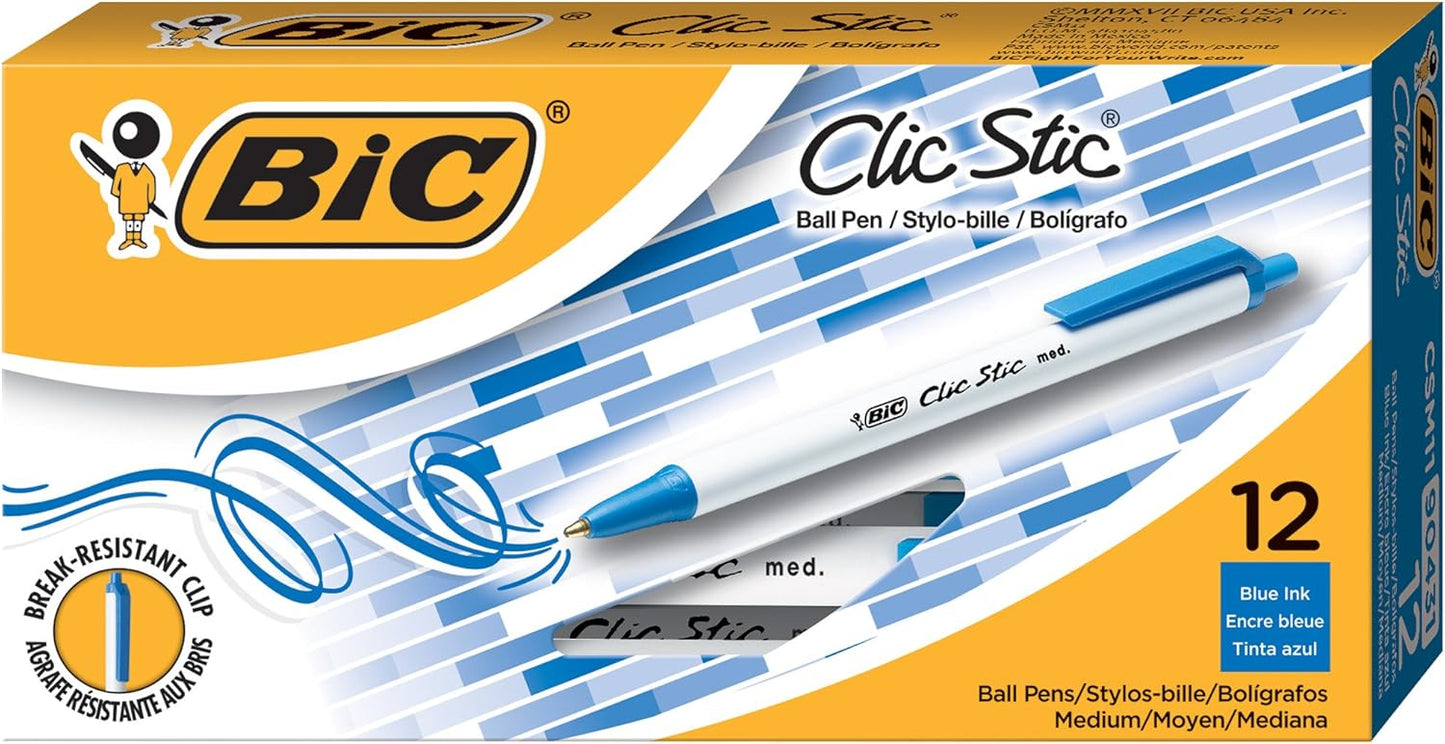 BIC Clic Stic Black Retractable Ballpoint Pens, Medium Point (1.0mm), 24-Count Pack, Round Barrel Design for Comfortable Writing
