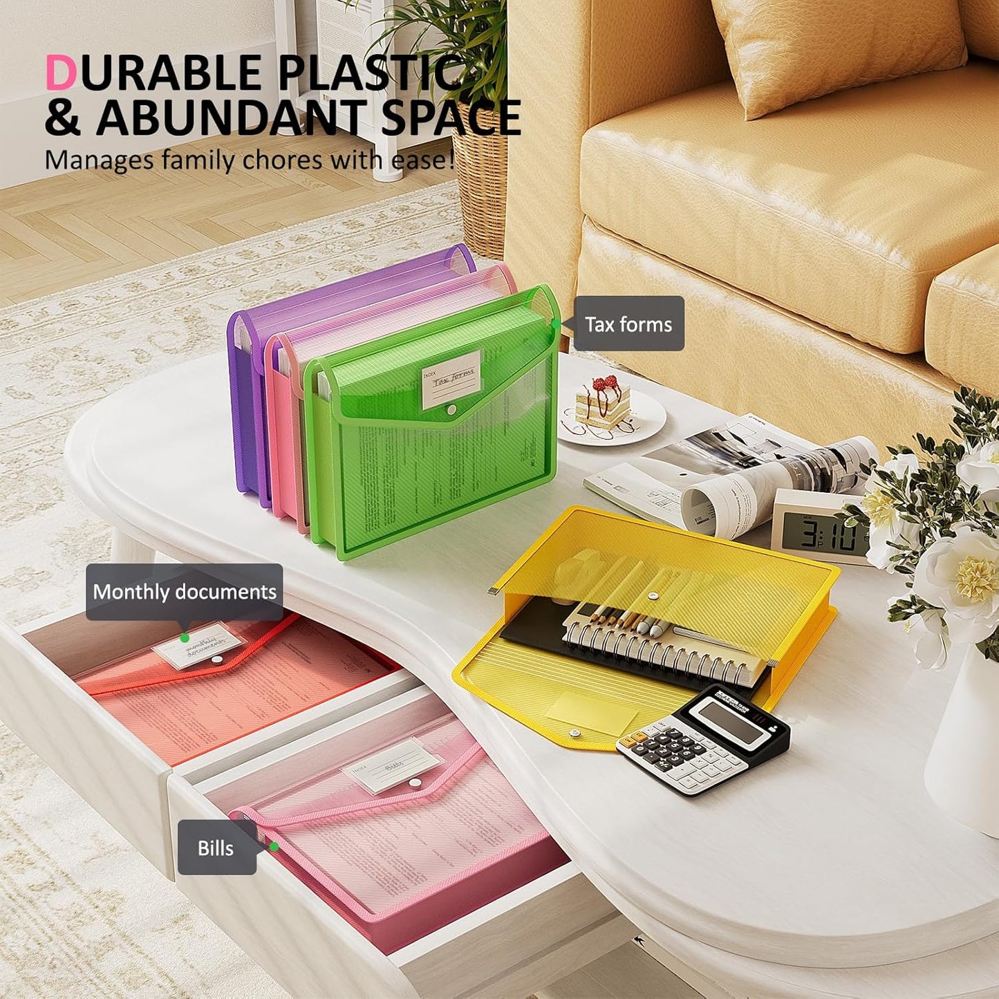 ThinkTex Plastic Expanding File Folder, Transparent Envelopes with Snap Closure, No Dividers, Large Capacity, Assorted Colors, Fits Letter / A4 Size - 5 Pack