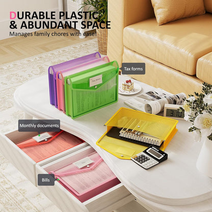 ThinkTex Plastic Expanding File Folder, Transparent Envelopes with Snap Closure, No Dividers, Large Capacity, Assorted Colors, Fits Letter / A4 Size - 5 Pack