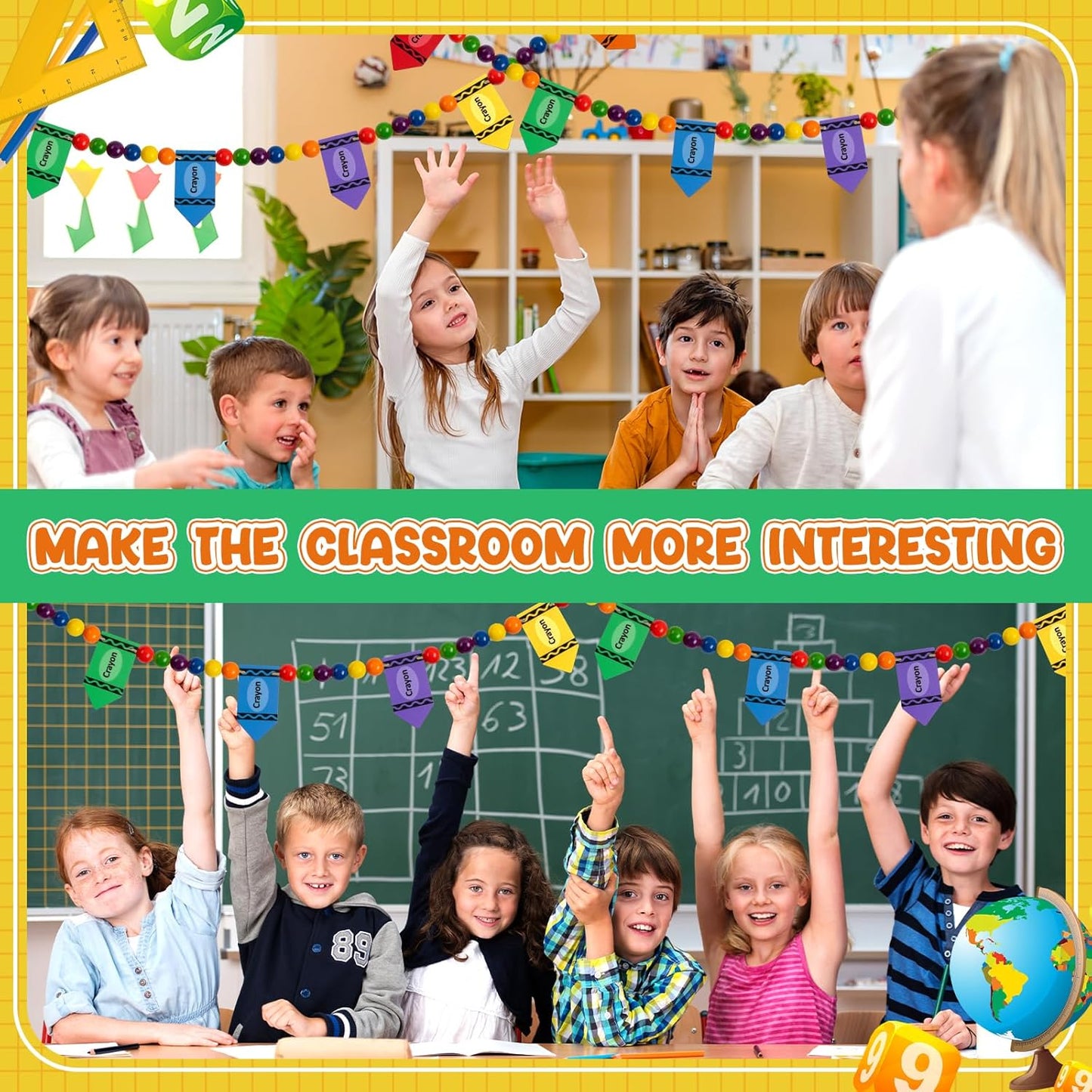 8.2 Ft Pencil Wooden Garland Graduation Yellow Pencil Banners with Cute Beads Hanging Ornaments for Kindergarten Classroom Office Home First Day of School Party Decor