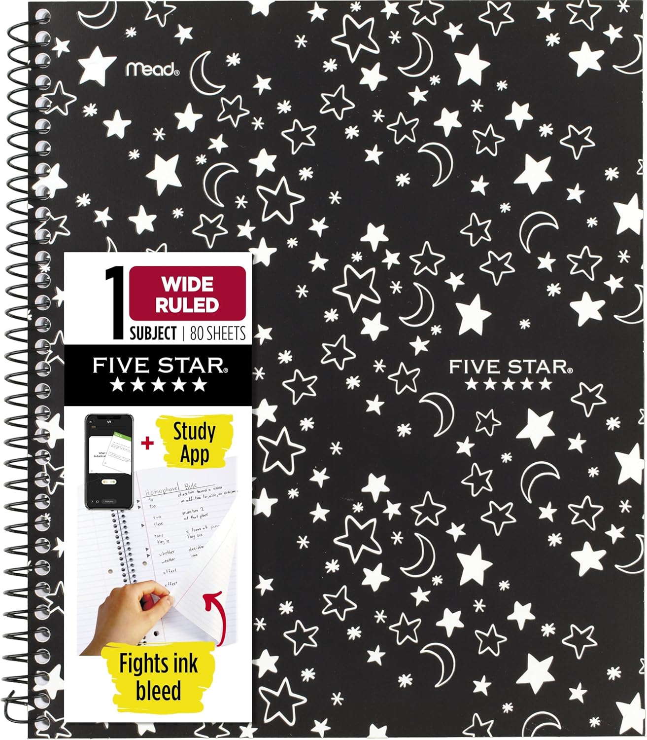 Five Star Spiral Notebook + Study App, 2 Pack, 1 Subject, Wide Ruled, 8" x 10-1/2", 80 Sheets, Fights Ink Bleed, Water Resistant Cover, Pastel Waves and Brush Strokes (930210F-ECM)