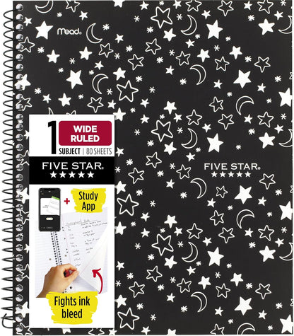 Five Star Spiral Notebook + Study App, 2 Pack, 1 Subject, Wide Ruled, 8" x 10-1/2", 80 Sheets, Fights Ink Bleed, Water Resistant Cover, Pastel Waves and Brush Strokes (930210F-ECM)
