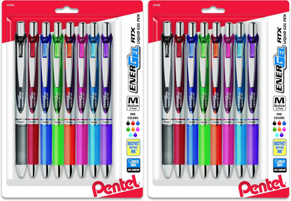 Pentel EnerGel RTX Retractable Liquid Gel Pen, (0.7mm) Metal Tip, Medium Line,Assorted Ink, 8-Pk (BL77BP8M1)