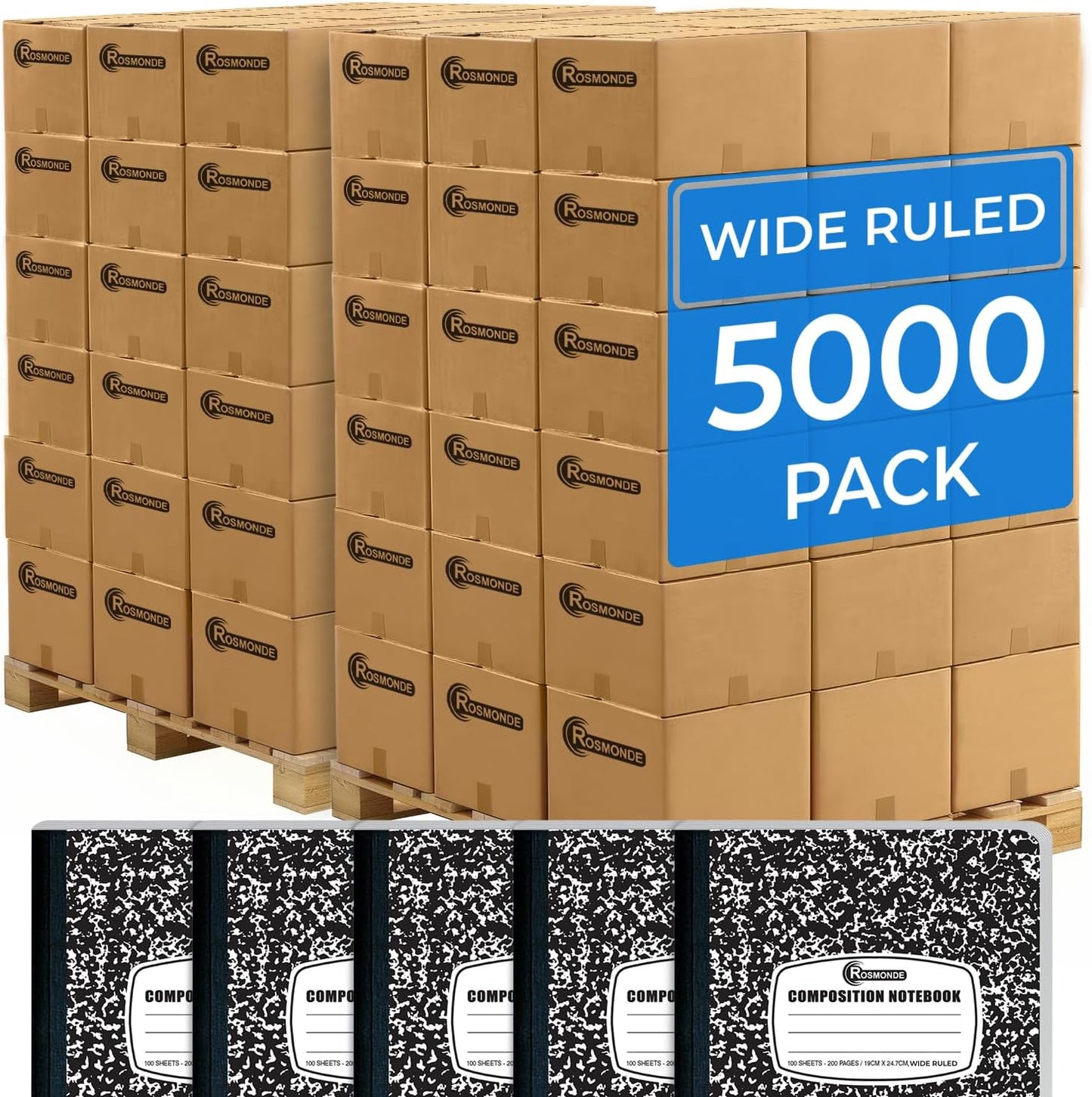 Rosmonde 12 Pack Composition Notebook Wide Ruled Bulk, 200 Pages (100 Sheets), 9-3/4 x 7-1/2", Hard Cover Wide Ruled Notebook Bulk, Black Marble Composition Notebooks, Bulk School Notebooks