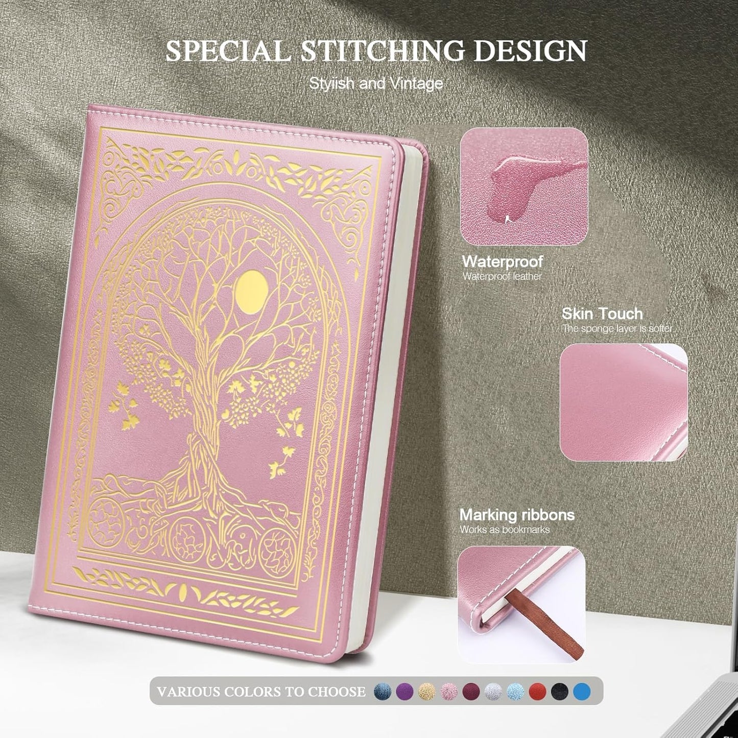 Journal for Women,A5 Hardcover Leather Journal - 200 Pages Premium Paper Notebook, Tree Journal Notebook for School, Work (Tree Pink)