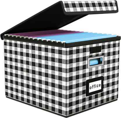 Huolewa Upgraded Portable File Organizer Box with Lid, Collapsible Linen Hanging Filing Storage Boxes with Plastic Slides, Decorative Home/Office Filing System Box for File and Folders Storage (Gray)