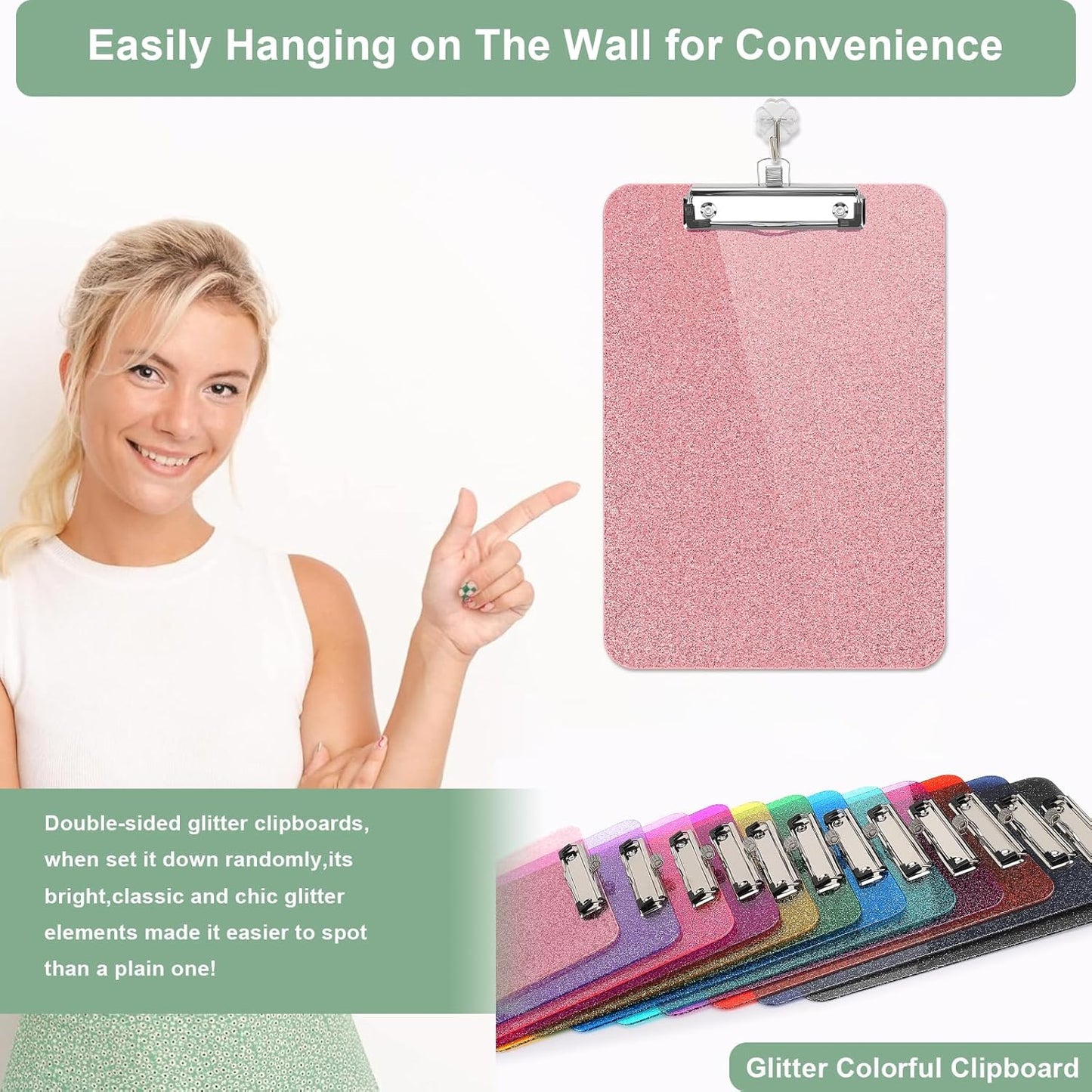 SFLHHDM 1 Pcs Clear Glitter Clipboards, Plastic Clipboard with Pen Holder, Size 8.85 x 12.4 in Shiny Clipboards with Low Profile Clip, Cute Hanging Clipboard for Office School Sparkly Clip Board-Pink