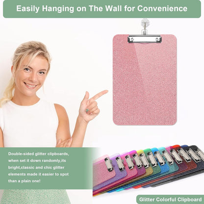 SFLHHDM 1 Pcs Clear Glitter Clipboards, Plastic Clipboard with Pen Holder, Size 8.85 x 12.4 in Shiny Clipboards with Low Profile Clip, Cute Hanging Clipboard for Office School Sparkly Clip Board-Pink
