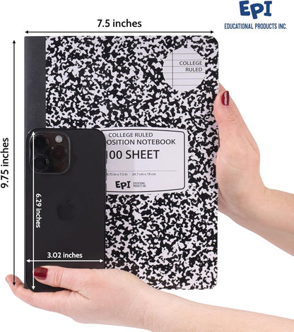 48 Pack - EPI Marble Hardcover Wide Ruled Composition Notebook | 200 Pages (100 Sheets), 9.75 x 7.5 in, Sturdy Sewn Binding | School, Office, Journaling, Notes