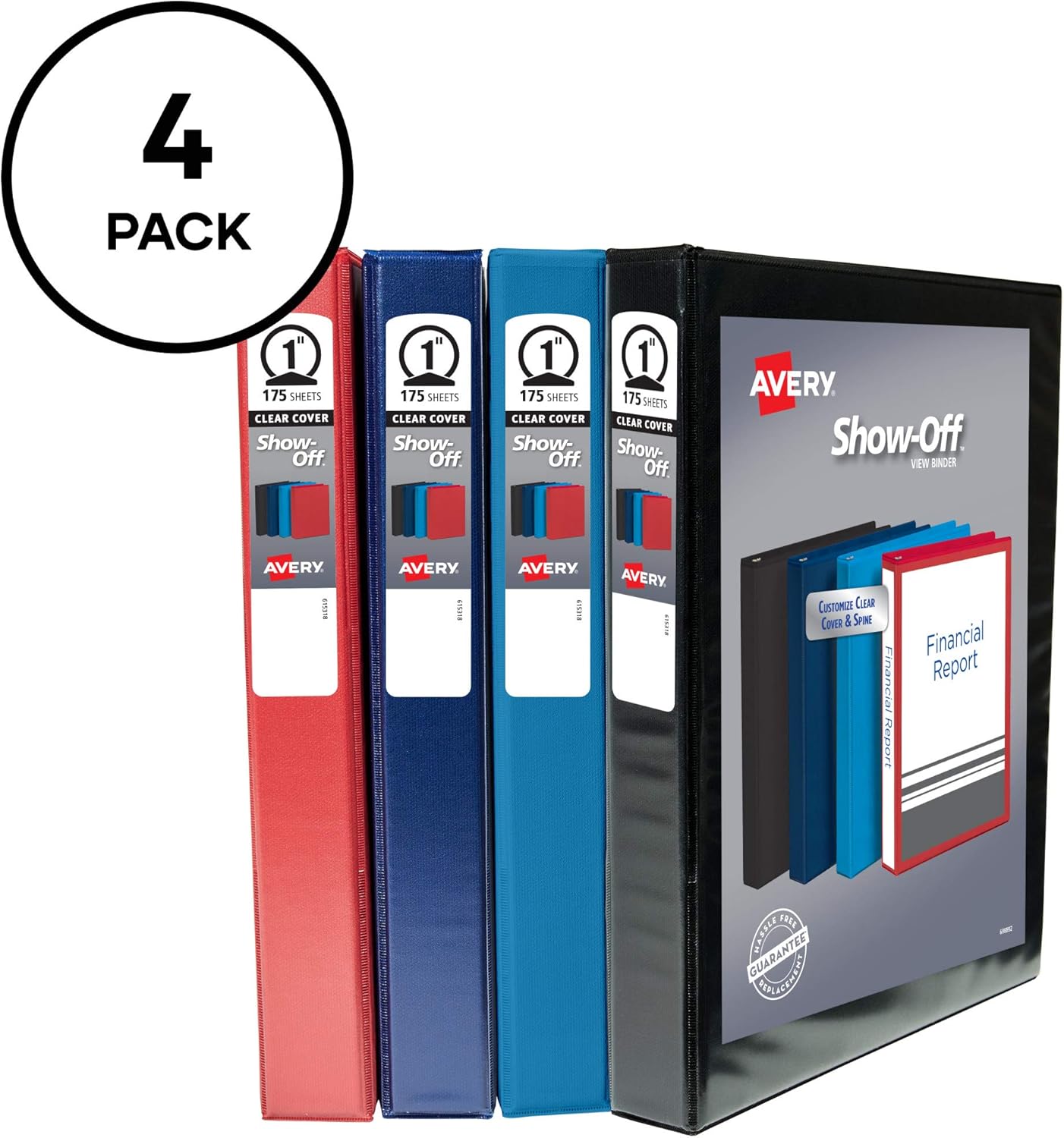Avery Show-Off Standard View 3 Ring Binder, 1" Round Rings, 175-Sheet Capacity, 1.4 Inch Wide Spine, Color Will Vary (Black, Light Blue, Navy Blue, or Red), Ideal for Light Organization (12789)