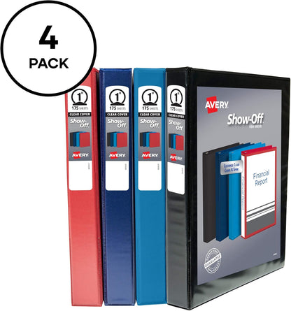 Avery Show-Off Standard View 3 Ring Binder, 1" Round Rings, 175-Sheet Capacity, 1.4 Inch Wide Spine, Color Will Vary (Black, Light Blue, Navy Blue, or Red), Ideal for Light Organization (12789)