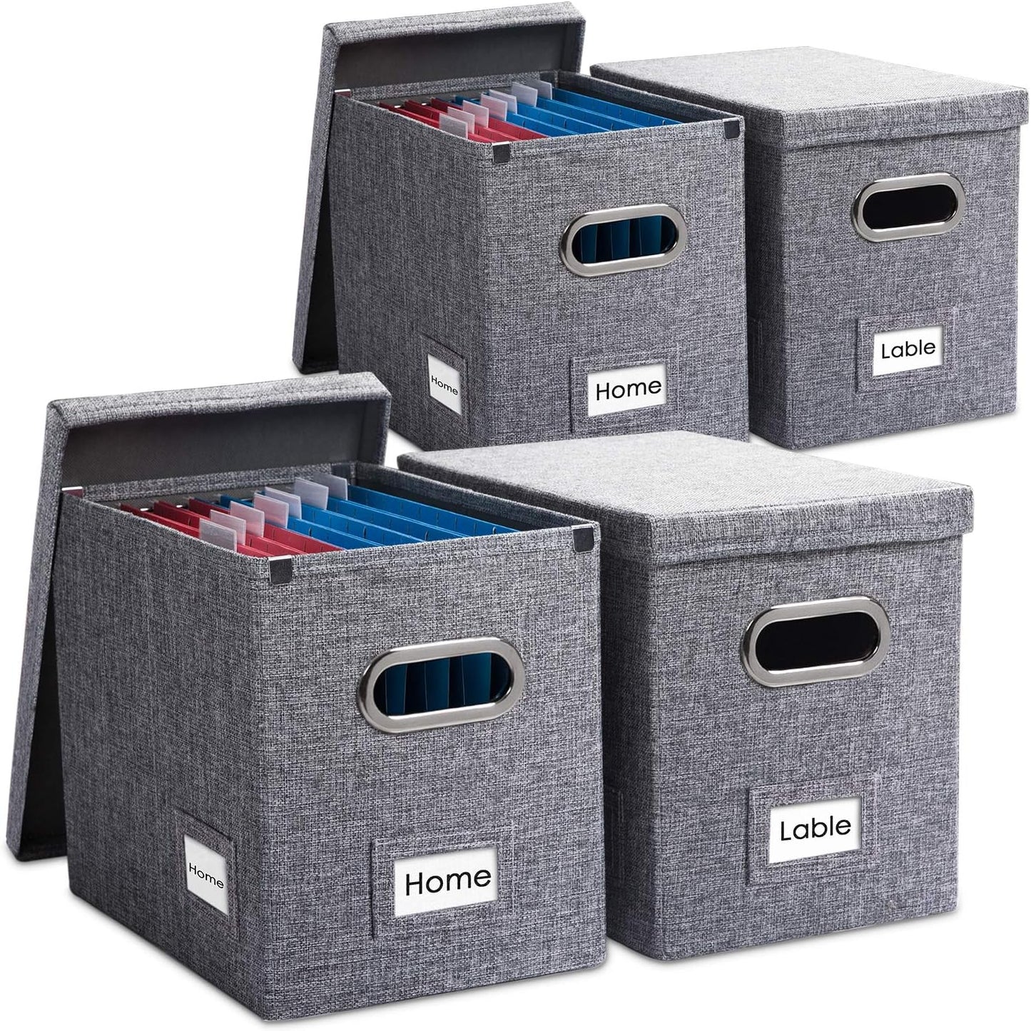 PRANDOM File Organizer Box - Collapsible Decorative Linen Filing Storage with Lids for Letter Size - Grey (14x9.3x10.8 inch)