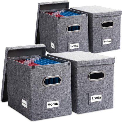 PRANDOM File Organizer Box - Collapsible Decorative Linen Filing Storage with Lids for Letter Size - Grey (14x9.3x10.8 inch)