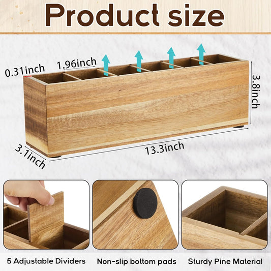 Jetec Wooden Pencil Pen Holder for Desk 6 Compartments Wood Office Desk Organizers for Countertop Adjustable Makeup Brush Organizer Silverware Caddy for Party, Home, Art Supplies(Wood Color)
