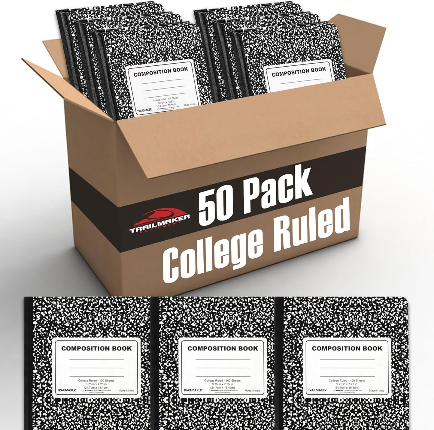 Trail maker Bulk Composition Notebooks (50 Pack), College Ruled Marble Cover, 200 Pages (100 Sheets), 9.75 x 7.5, Bulk School Supplies for Classroom, Office & School Donations