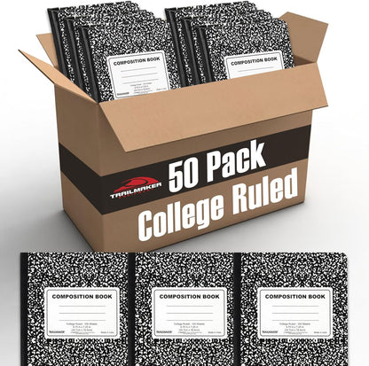 Trail maker Bulk Composition Notebooks (50 Pack), College Ruled Marble Cover, 200 Pages (100 Sheets), 9.75 x 7.5, Bulk School Supplies for Classroom, Office & School Donations