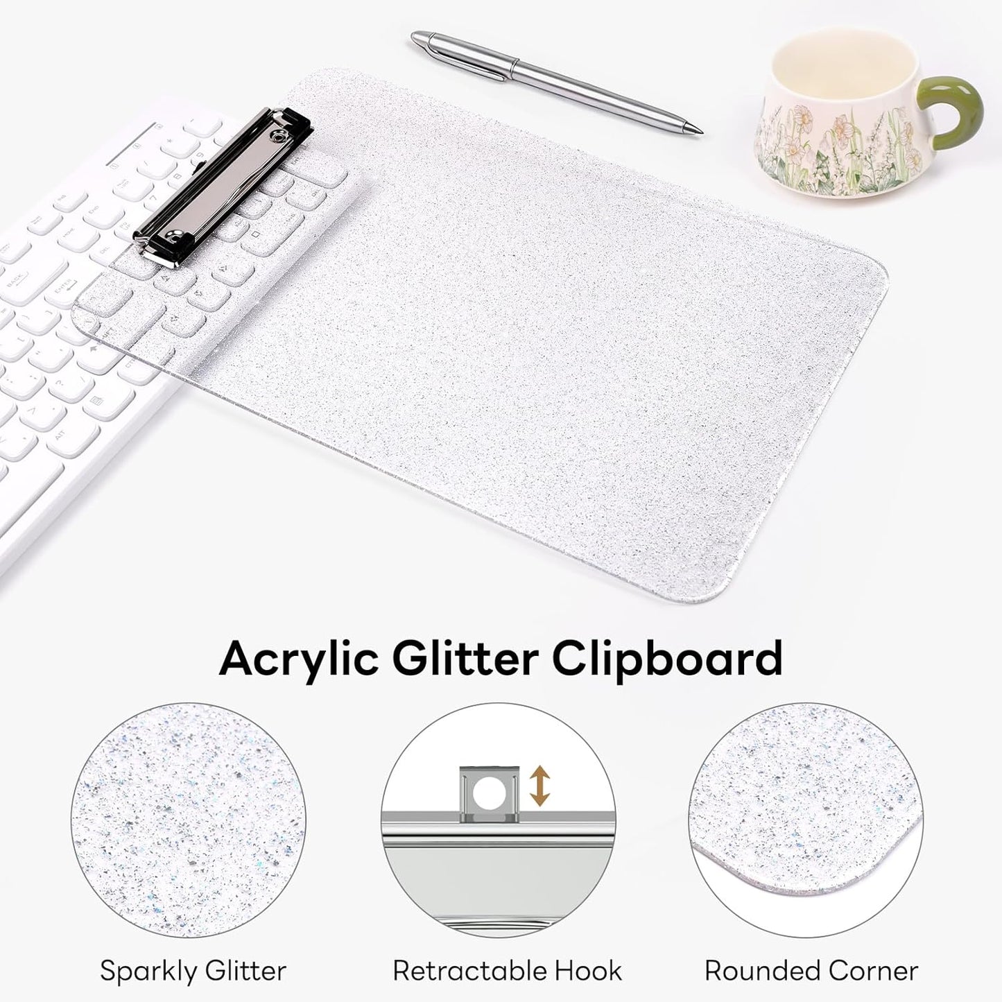 A4 Plastic Glitter Clipboard, Sparkly Pink 12.5 x 9 Letter Size for Classroom, Students, Teacher, Nurse, 8.5 x 11 Clip Board with Low Profile Clip, Office & School Supplies