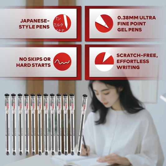 XFasten Extra Fine Point Pens 0.38mm 24-Pack Japanese-Style Fine Tip Gel Ink Ballpoint Pen Black, Smooth Ink Flow, Smudge-Free, Quick-Drying, No Smear for Journaling, Note-Taking, Office, and School
