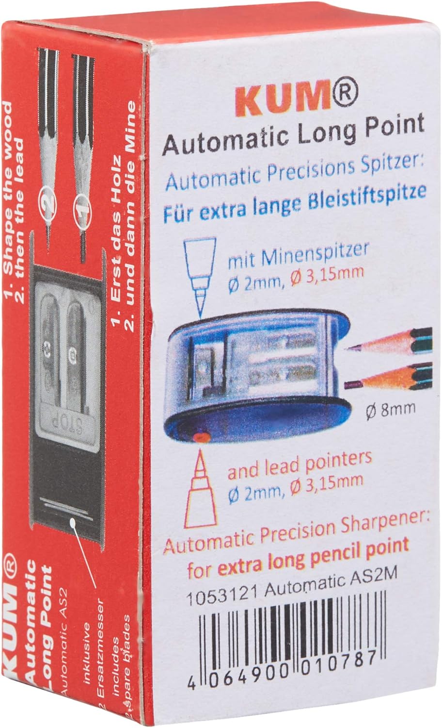 AS2M (1053121), Long Point Sharpener, sharpens in 2 steps; 2 spare blades includes. With lead pointers for 2 mm and 3.2 mm. BLUE only