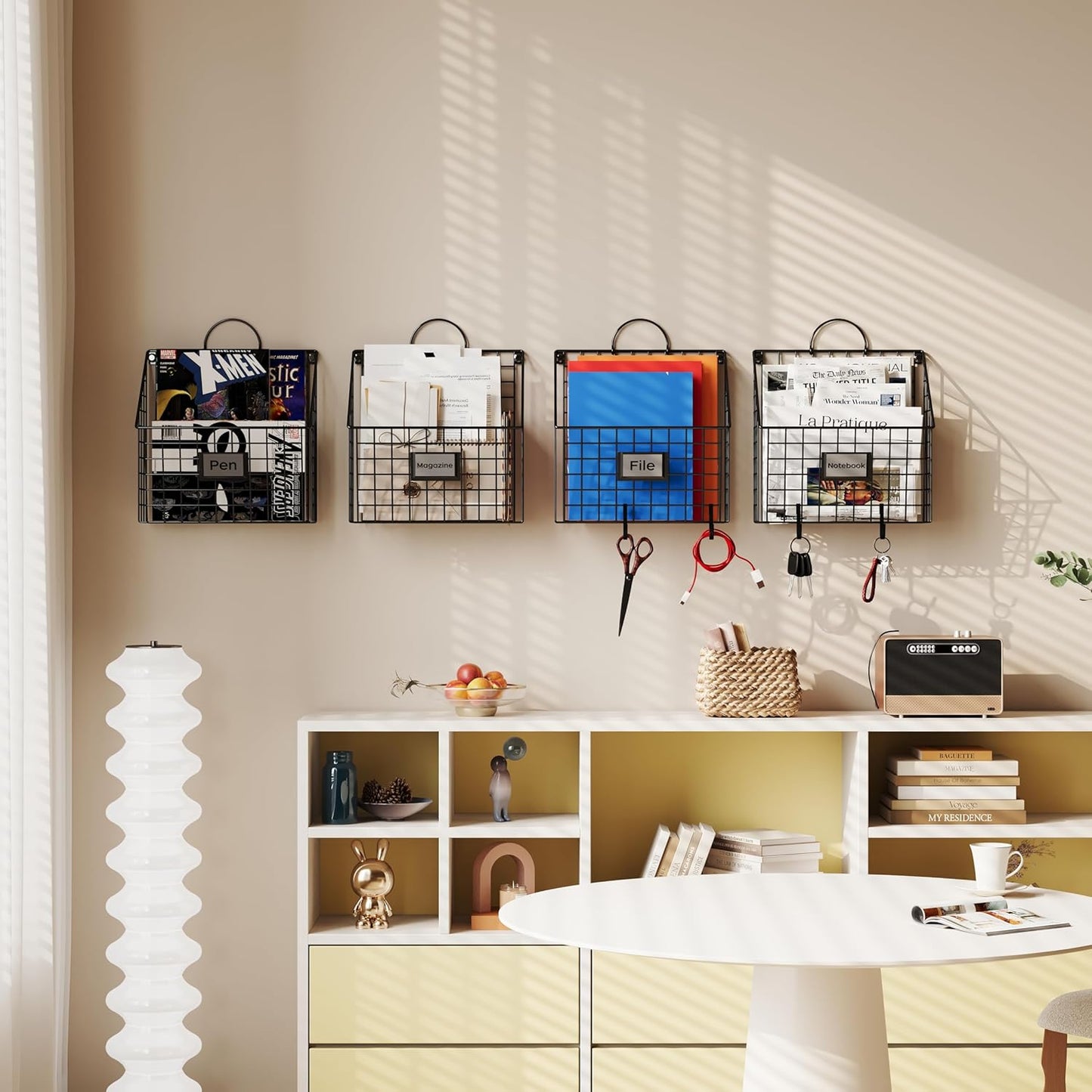 Yuzehuaza Hanging Wall File Organizer Metal Wall Mounted File Holder Folder with Handles and Hooks, Magazine Document Rack, for Home Office or Decor, 3 Packs (Patent Pending)