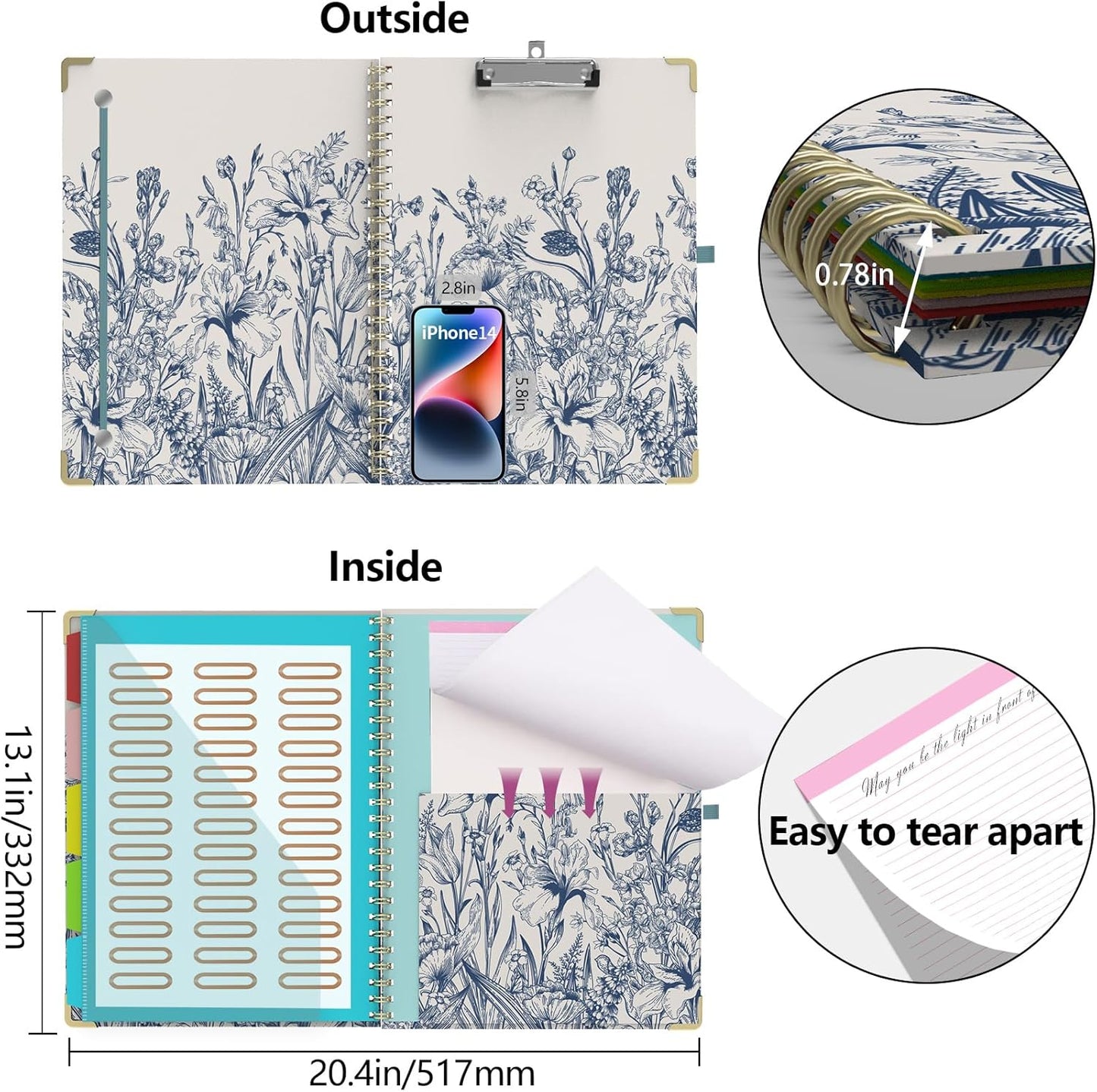 Foldable Clipboard Folio with Storage, 5 Plastic Folders with 10 Pockets,Refillable Lined Notepad (11" x 8.5"), Hardcover Project Organizer Nursing Teacher School Essentials