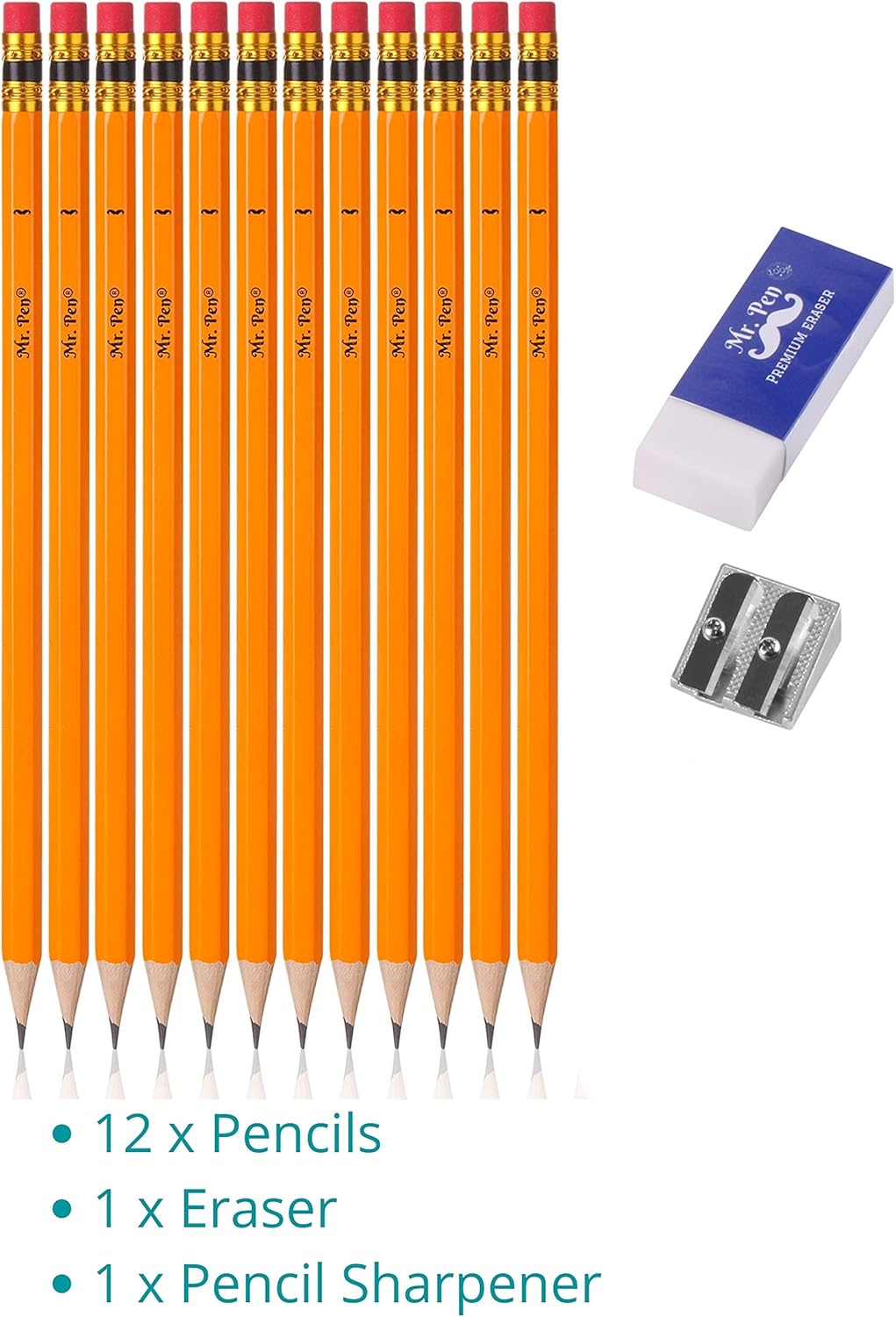Mr. Pen- Pre-sharpened #2 HB Pencils, 12 Pack, Double-Hole Metal Sharpener, Vinyl Eraser, 2 Pencils with Erasers for Kids, Students, School Supplies