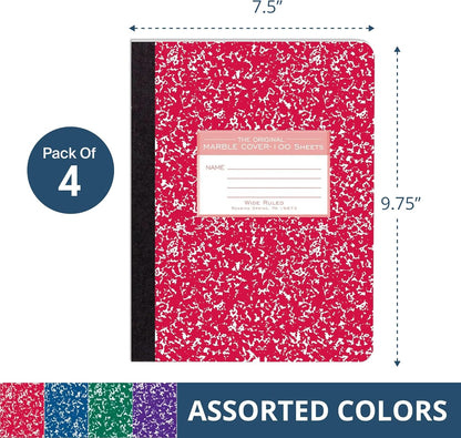 Roaring Spring Hard Cover Composition Notebook, 4 Pack, Assorted Colors Marble Comp Book, 9.75″ x 7.5″, Wide-Ruled with Margin, 100 Sheets (200 Pages)