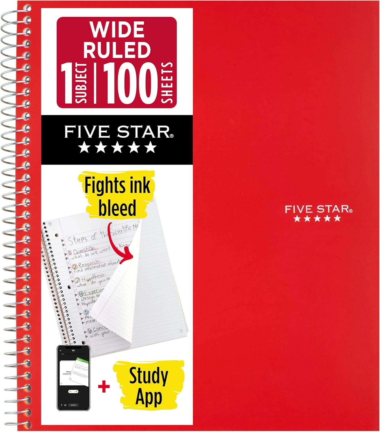 Five Star Spiral Notebook + Study App, 1 Subject, Wide Ruled Paper, 8" x 10-1/2", 100 Sheets, Fights Ink Bleed, Water Resistant Cover, Tidewater Blue (72875)