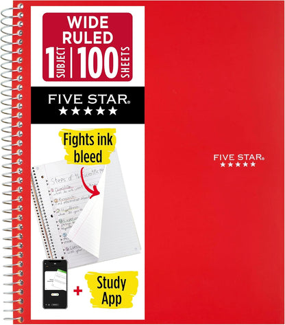 Five Star Spiral Notebook + Study App, 1 Subject, Wide Ruled Paper, 8" x 10-1/2", 100 Sheets, Fights Ink Bleed, Water Resistant Cover, Tidewater Blue (72875)