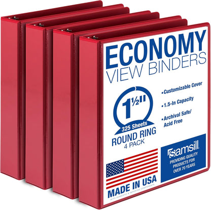 Samsill 1.5 Inch 3 Ring Binders, Economy Round Ring, Clear View Cover, 325 Sheet Capacity - for School, Home, Office - White, 4 Pack