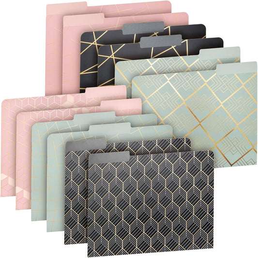 Paper Junkie 12-Pack Cute Geometric Gold Foil Decorative & Colored File Folders, Letter Size (9.5x11.5 in) - 1/3-Cut Tab File Folders for Office Supplies - Aesthetic Office Supplies