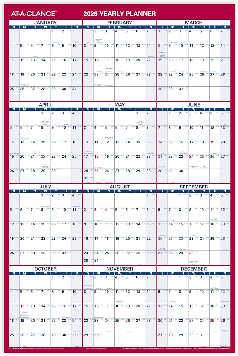 AT-A-GLANCE 2026 Erasable Calendar, Dry Erase Wall Planner, 12" x 16", Small, Vertical-Horizontal, Reversible, Compact (PM330B2826)