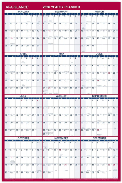 AT-A-GLANCE 2026 Erasable Calendar, Dry Erase Wall Planner, 12" x 16", Small, Vertical-Horizontal, Reversible, Compact (PM330B2826)