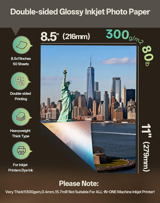 Uinkit 100 Sheets 8.5x11 Letter Size Thick Heavyweight Photo Paper Double Sided Glossy Cardstock 80LB 300Gsm 15.7Mil Brochure, Only for professional Inkjet Printer and Dye Ink (100)