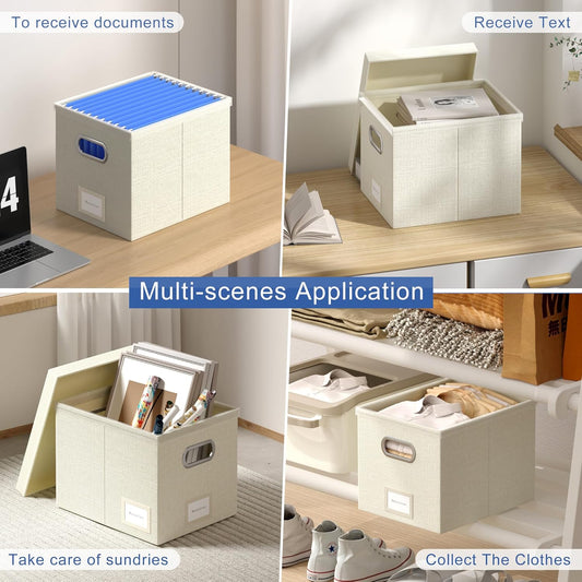 File Organizer Box - File Boxes for Hanging Files with Lid Set of 2 Decorative Hanging Folders Letter Size Organizer with One-Piece Plastic Frame Slides (Grey, 13.2 * 10.1 * 10.1in(2Pack))