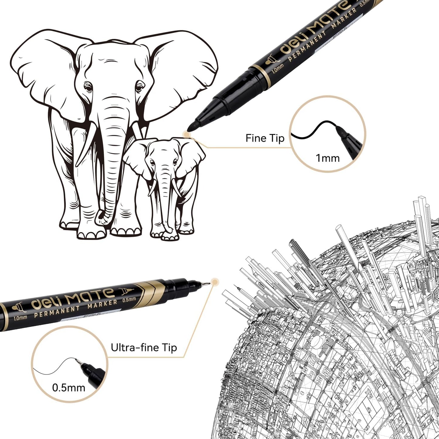 deli Twin Tip Permanent Markers, Fine Point and Ultra Fine Point for Signature and Marking, Black, 12 Count