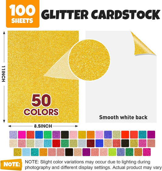 TUXIYA 100 Sheets 8.5" X 11" Glitter Cardstock,50 Assorted Colors 250GSM/92LB Glitter Cardstock,No-Shed Sparkly Glitter Paper for Arts and Crafts, Decorative, Card Making, Scrapbooking, DIY Projects