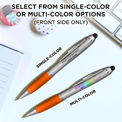 DISCOUNT PROMOS Custom Stylus Ballpoint Pens Set of 10/50/100, Personalized Bulk Pack - Black Ink, Great for Office, School, Business, Tradeshows, Events - Purple