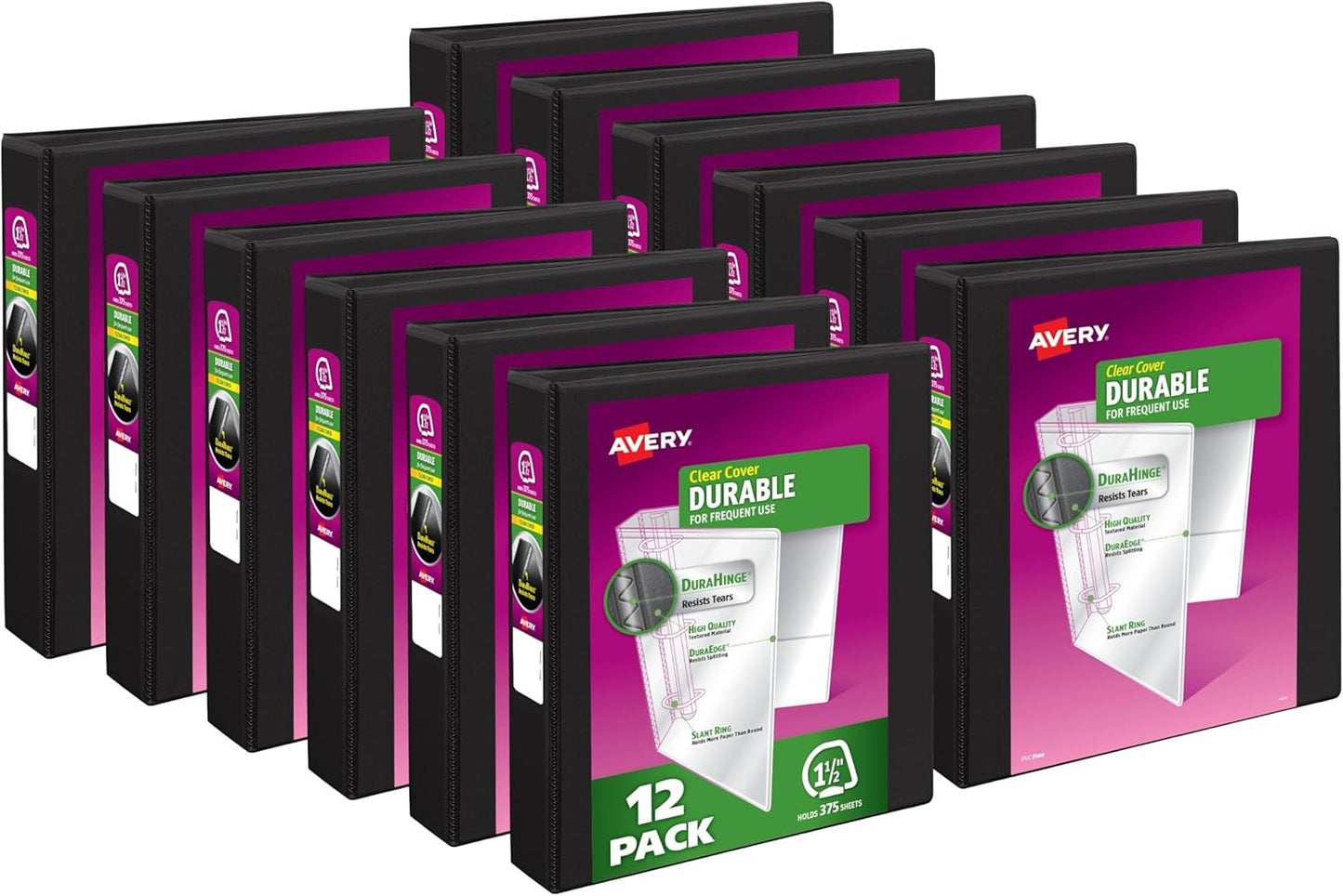 Avery Durable View 3 Ring Binders, 2 Inch Slant Rings, 530-Sheet Capacity, DuraHinge, 2.8 Inch Wide Spine, Customizable Clear Cover and Spine, Black Binders (12-Pack of 17031)