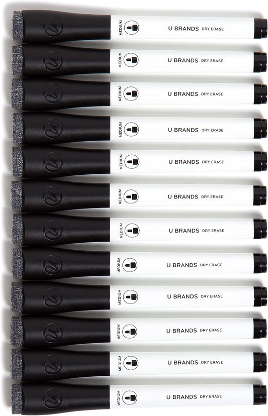 U Brands Fine Tip Dry Erase Markers with Eraser, Whiteboard Markers, Low Odor, Black, Set of 12